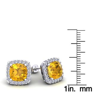 4 3/4 Carat Cushion Cut Citrine and Halo Diamond Stud Earrings In 14 Karat White Gold