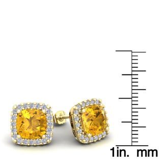 4 3/4 Carat Cushion Cut Citrine and Halo Diamond Stud Earrings In 14 Karat Yellow Gold