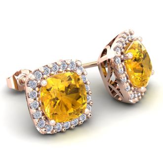 4 3/4 Carat Cushion Cut Citrine and Halo Diamond Stud Earrings In 14 Karat Rose Gold