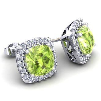 5 3/4 Carat Cushion Cut Peridot and Halo Diamond Stud Earrings In 14 Karat White Gold