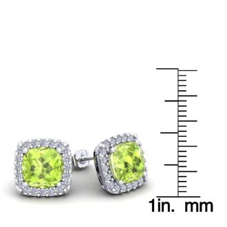 5 3/4 Carat Cushion Cut Peridot and Halo Diamond Stud Earrings In 14 Karat White Gold
