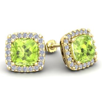 5 3/4 Carat Cushion Cut Peridot and Halo Diamond Stud Earrings In 14 Karat Yellow Gold