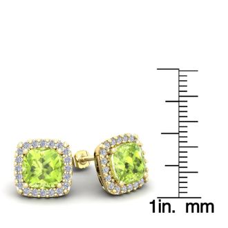 5 3/4 Carat Cushion Cut Peridot and Halo Diamond Stud Earrings In 14 Karat Yellow Gold