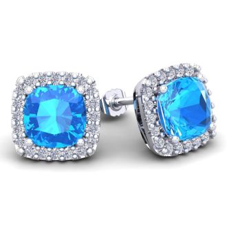 6 Carat Cushion Cut Blue Topaz and Halo Diamond Stud Earrings In 14 Karat White Gold
