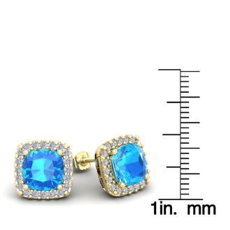 6 Carat Cushion Cut Blue Topaz and Halo Diamond Stud Earrings In 14 Karat Yellow Gold