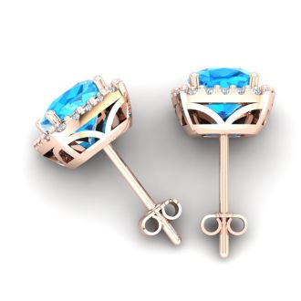 6 Carat Cushion Cut Blue Topaz and Halo Diamond Stud Earrings In 14 Karat Rose Gold