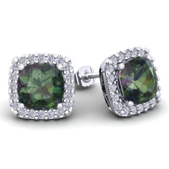 4 3/4 Carat Cushion Cut Mystic Topaz and Halo Diamond Stud Earrings In 14 Karat White Gold