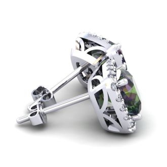 4 3/4 Carat Cushion Cut Mystic Topaz and Halo Diamond Stud Earrings In 14 Karat White Gold