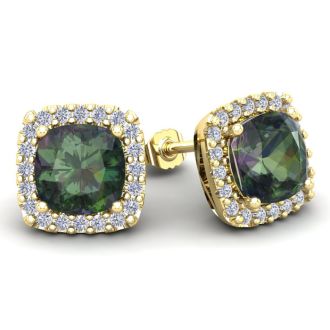 4 3/4 Carat Cushion Cut Mystic Topaz and Halo Diamond Stud Earrings In 14 Karat Yellow Gold