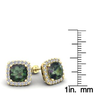 4 3/4 Carat Cushion Cut Mystic Topaz and Halo Diamond Stud Earrings In 14 Karat Yellow Gold