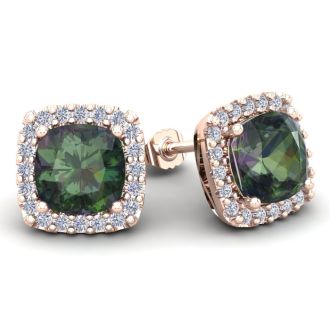 4 3/4 Carat Cushion Cut Mystic Topaz and Halo Diamond Stud Earrings In 14 Karat Rose Gold