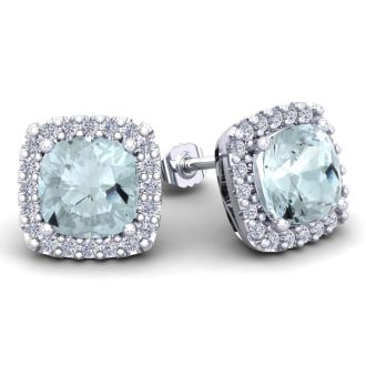 Aquamarine Earrings: Aquamarine Jewelry: 4 3/4 Carat Cushion Cut Aquamarine and Halo Diamond Stud Earrings In 14 Karat White Gold