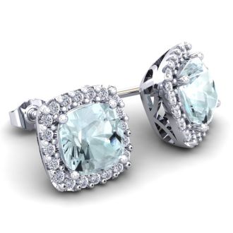 Aquamarine Earrings: Aquamarine Jewelry: 4 3/4 Carat Cushion Cut Aquamarine and Halo Diamond Stud Earrings In 14 Karat White Gold