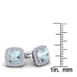 Aquamarine Earrings: Aquamarine Jewelry: 4 3/4 Carat Cushion Cut Aquamarine and Halo Diamond Stud Earrings In 14 Karat White Gold