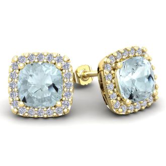Aquamarine Earrings: Aquamarine Jewelry: 4 3/4 Carat Cushion Cut Aquamarine and Halo Diamond Stud Earrings In 14 Karat Yellow Gold