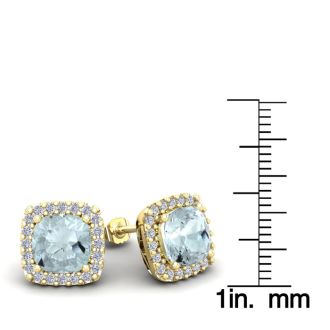 Aquamarine Earrings: Aquamarine Jewelry: 4 3/4 Carat Cushion Cut Aquamarine and Halo Diamond Stud Earrings In 14 Karat Yellow Gold