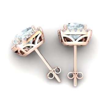Aquamarine Earrings: Aquamarine Jewelry: 4 3/4 Carat Cushion Cut Aquamarine and Halo Diamond Stud Earrings In 14 Karat Rose Gold