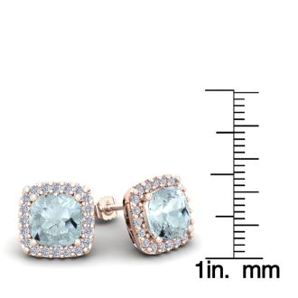 Aquamarine Earrings: Aquamarine Jewelry: 4 3/4 Carat Cushion Cut Aquamarine and Halo Diamond Stud Earrings In 14 Karat Rose Gold