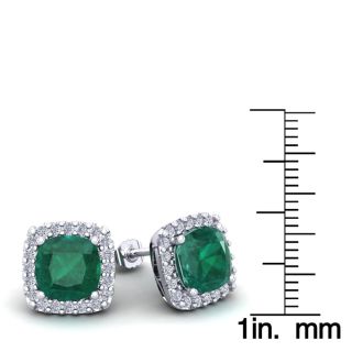 4 3/4 Carat Cushion Cut Emerald and Halo Diamond Stud Earrings In 14 Karat White Gold