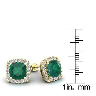 4 3/4 Carat Cushion Cut Emerald and Halo Diamond Stud Earrings In 14 Karat Yellow Gold