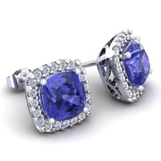 5 3/4 Carat Cushion Cut Tanzanite and Halo Diamond Stud Earrings In 14 Karat White Gold
