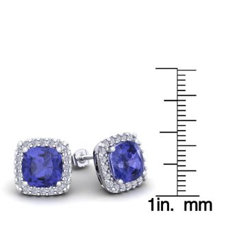 5 3/4 Carat Cushion Cut Tanzanite and Halo Diamond Stud Earrings In 14 Karat White Gold