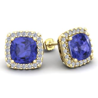 5 3/4 Carat Cushion Cut Tanzanite and Halo Diamond Stud Earrings In 14 Karat White Gold