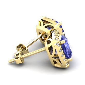 5 3/4 Carat Cushion Cut Tanzanite and Halo Diamond Stud Earrings In 14 Karat White Gold