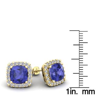 5 3/4 Carat Cushion Cut Tanzanite and Halo Diamond Stud Earrings In 14 Karat White Gold