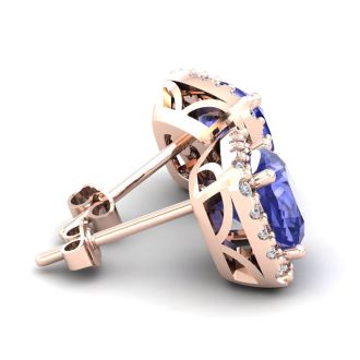 5 3/4 Carat Cushion Cut Tanzanite and Halo Diamond Stud Earrings In 14 Karat White Gold
