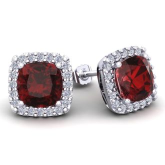 Garnet Earrings: Garnet Jewelry: 7 Carat Cushion Cut Garnet and Halo Diamond Stud Earrings In 14 Karat White Gold