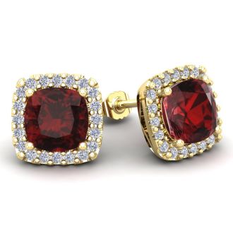 Garnet Earrings: Garnet Jewelry: 7 Carat Cushion Cut Garnet and Halo Diamond Stud Earrings In 14 Karat Yellow Gold