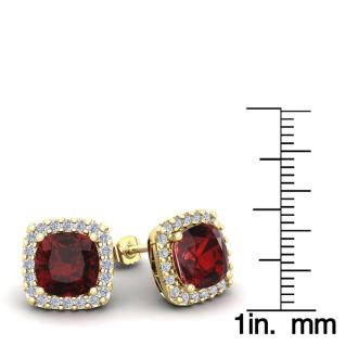 Garnet Earrings: Garnet Jewelry: 7 Carat Cushion Cut Garnet and Halo Diamond Stud Earrings In 14 Karat Yellow Gold