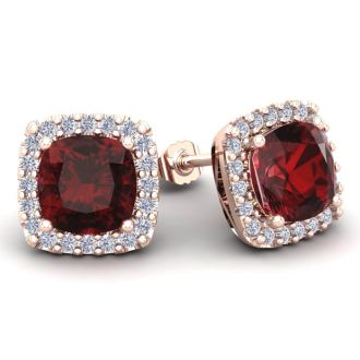 Garnet Earrings: Garnet Jewelry: 7 Carat Cushion Cut Garnet and Halo Diamond Stud Earrings In 14 Karat Rose Gold