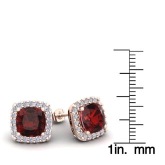 Garnet Earrings: Garnet Jewelry: 7 Carat Cushion Cut Garnet and Halo Diamond Stud Earrings In 14 Karat Rose Gold