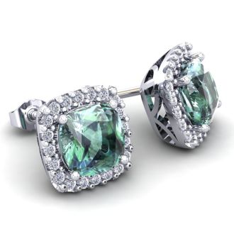 4 3/4 Carat Cushion Cut Green Amethyst and Halo Diamond Stud Earrings In 14 Karat White Gold