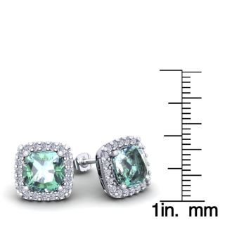 4 3/4 Carat Cushion Cut Green Amethyst and Halo Diamond Stud Earrings In 14 Karat White Gold