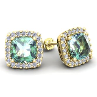 4 3/4 Carat Cushion Cut Green Amethyst and Halo Diamond Stud Earrings In 14 Karat Yellow Gold