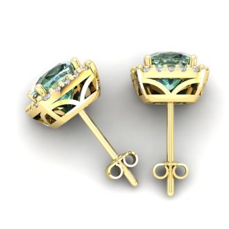 4 3/4 Carat Cushion Cut Green Amethyst and Halo Diamond Stud Earrings In 14 Karat Yellow Gold