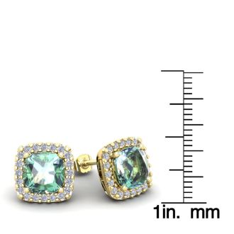 4 3/4 Carat Cushion Cut Green Amethyst and Halo Diamond Stud Earrings In 14 Karat Yellow Gold