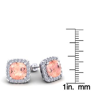 6 3/4 Carat Cushion Cut Morganite and Halo Diamond Stud Earrings In 14 Karat White Gold