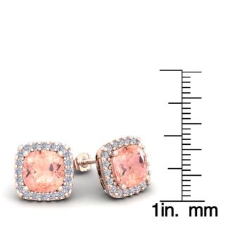 6-3/4 Carat Cushion Shape Morganite Earrings and Diamond Halo In 14 Karat Rose Gold