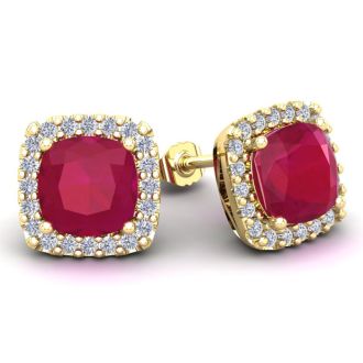 6 3/4 Carat Cushion Cut Ruby and Halo Diamond Stud Earrings In 14 Karat Yellow Gold