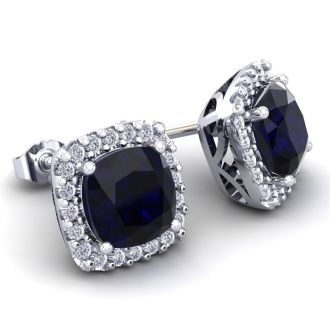 6 3/4 Carat Cushion Cut Sapphire and Halo Diamond Stud Earrings In 14 Karat White Gold
