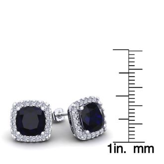6 3/4 Carat Cushion Cut Sapphire and Halo Diamond Stud Earrings In 14 Karat White Gold