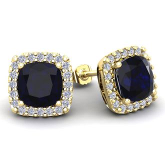 6 3/4 Carat Cushion Cut Sapphire and Halo Diamond Stud Earrings In 14 Karat Yellow Gold
