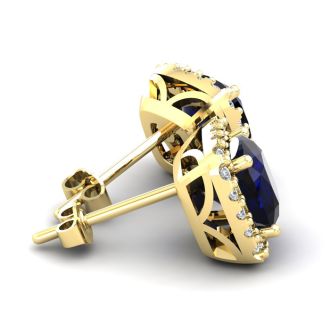6 3/4 Carat Cushion Cut Sapphire and Halo Diamond Stud Earrings In 14 Karat Yellow Gold