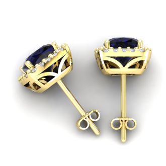 6 3/4 Carat Cushion Cut Sapphire and Halo Diamond Stud Earrings In 14 Karat Yellow Gold