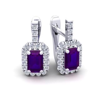 1 1/2 Carat Amethyst and Halo Diamond Dangle Earrings In 14 Karat White Gold
