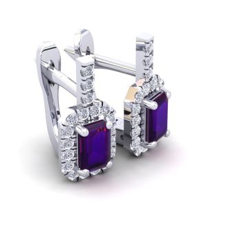 1 1/2 Carat Amethyst and Halo Diamond Dangle Earrings In 14 Karat White Gold